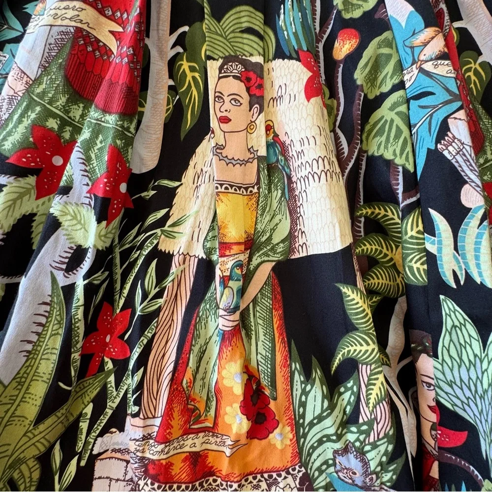 Frida Kahlo Pleated Tropical Floral Printed Skirt Large Cotton - Picture 2 of 6